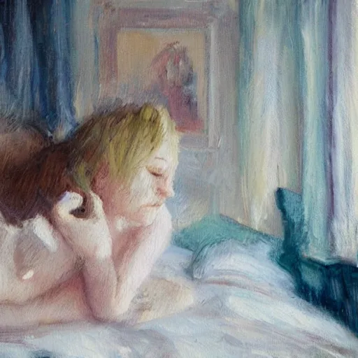 Prompt: An impressionist paining of a small white dog waking up a 22 year old girl from sleep. Morning light in room. Clumsy room. Long shot. Highly Detailed. Cute. Happy.