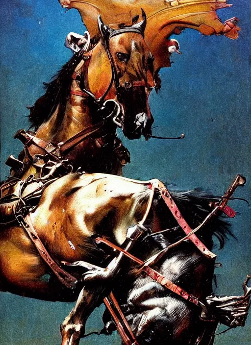 Prompt: realistic detailed image of dark knight riding a decaying horse in the style of Francis Bacon, Surreal, Norman Rockwell and James Jean, Greg Hildebrandt, and Mark Brooks, triadic color scheme, By Greg Rutkowski, in the style of Francis Bacon and Syd Mead and Edward Hopper and Norman Rockwell and Beksinski, open ceiling, highly detailed, painted by Francis Bacon, painted by James Gilleard, surrealism, airbrush, Ilya Kuvshinov, WLOP, Stanley Artgerm, very coherent, art by Takato Yamamoto and James Jean