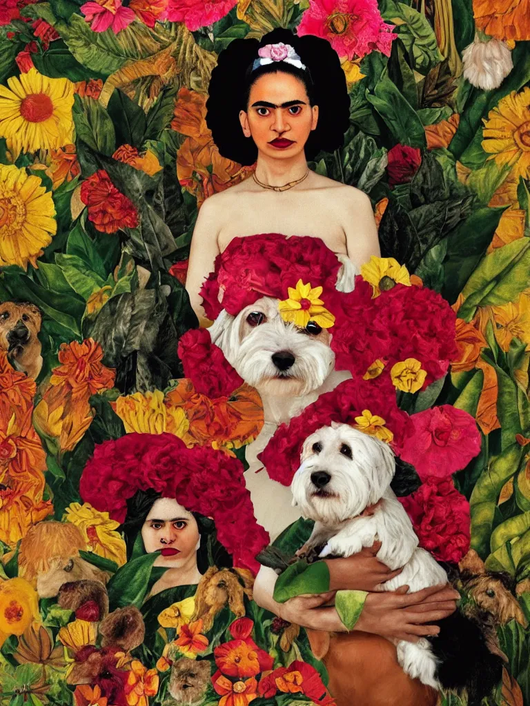 Image similar to portrait of a cream colored havanese dog as frida kahlo, surreal background, by frida kahlo