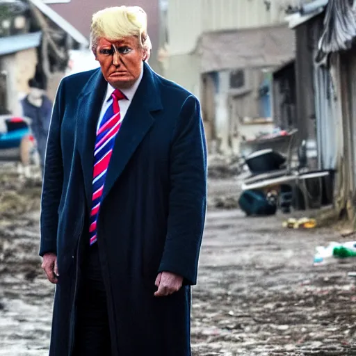 Image similar to donald trump dressed as a homeless man living in the slums