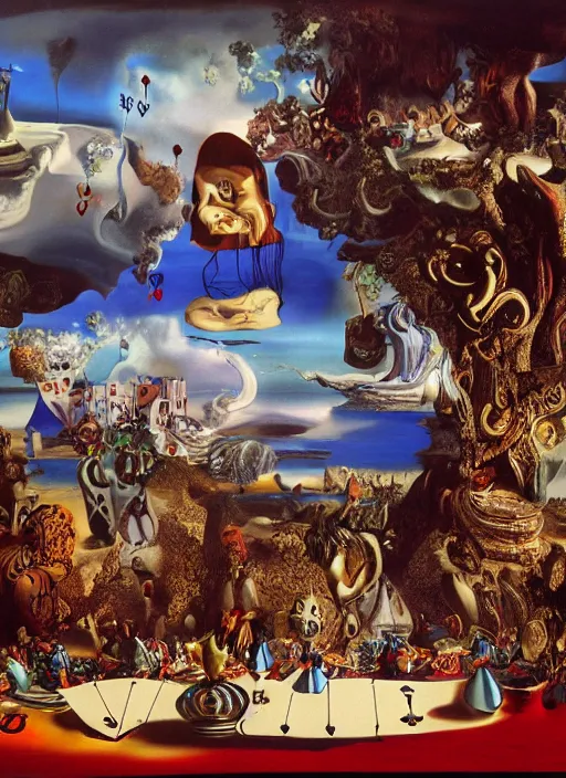 Prompt: the queen of hearts is angry in wonderland, by salvador dali, highly detailed matte painting, 8 k resolution