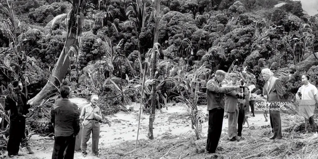 Image similar to david attenborough interviewing men cutting down extremely large kauri trees. great barrier island, new zealand. 1 9 5 0 s tv show. beach with large boulders in background. nikau palms.