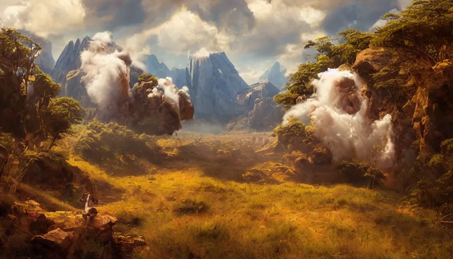 Prompt: excellent painted daemon in a wide epic beautiful landscape somewhere in south america with fluffy clouds, painted by Hans Fredrik Gude, Greg Rutkowksi, Craig Mullins and Artgerm, masterpiece, 4k, ultra realistic highly detailed oil painting