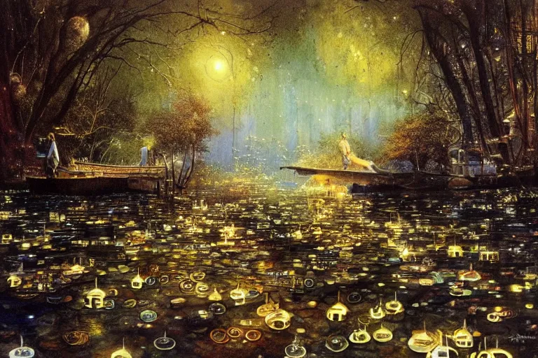 Image similar to A Mystic River, The River Is Full of Lights, Mysticism, Artwork, Watercolor, Cinematic, Exposure, Slit-Scan Photography, 4k, Ultra-HD, Incandescent, Ray Tracing Reflections, insanely detailed and intricate, elegant, ornate, hyper realistic, super detailed by Dorothea Tanning, by Bruce Pennington