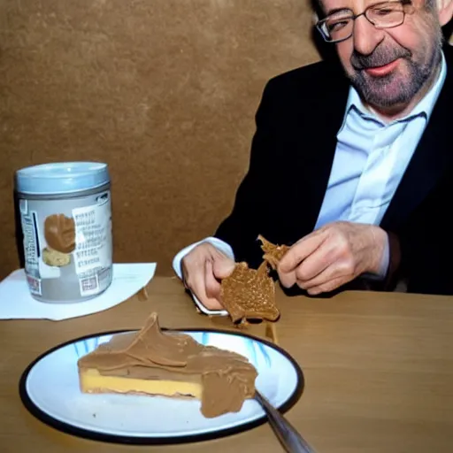 Prompt: Jean-Luc Melenchon eating peanut butter with a fork