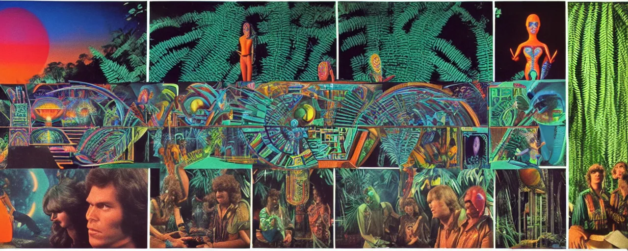 Prompt: 1978 cut out collage, science fiction movie set, neon aztec, break of dawn on Jupiter, epic theater , tropical ambience, ancient fern, electro schematics, film noir, in part by Alex Grey, part by Hale Woodruff