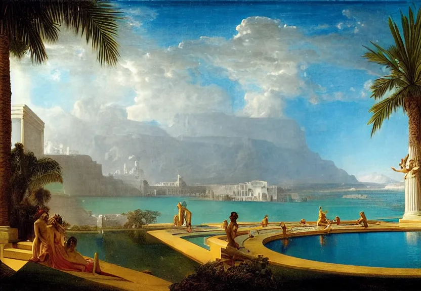 Prompt: Palace floating in the sky, 1km tall, thunderstorm, greek pool, beach and palm trees on the background major arcana sky, by paul delaroche, hyperrealistic 4k uhd, award-winning, very very very detailed