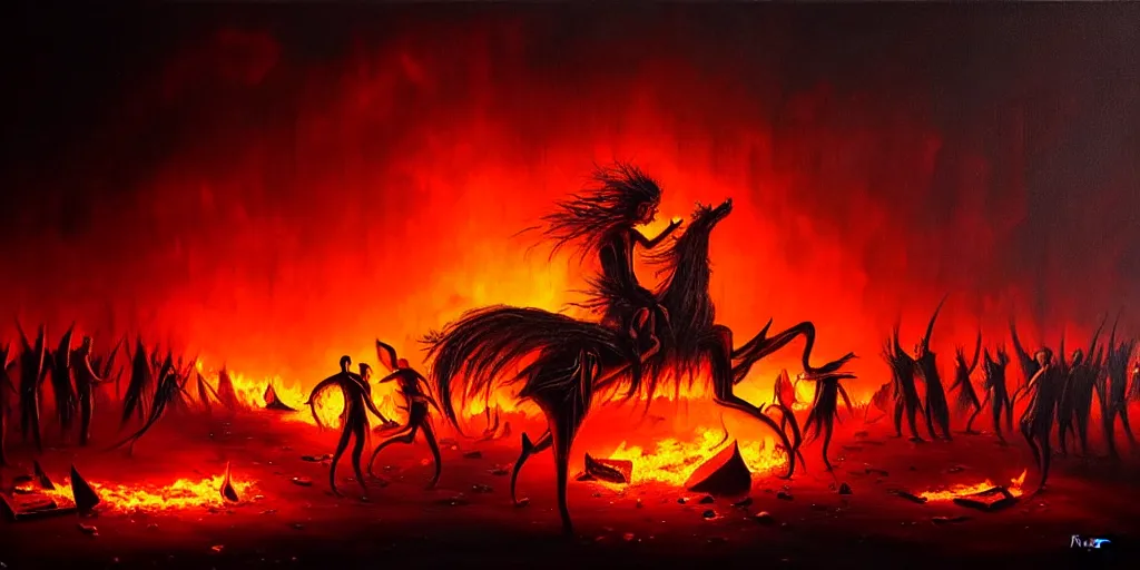 Image similar to personified emotion and thought creatures riot in a fiery wasteland, dramatic lighting glow from giant fire, attempting to escape to the surface and start a revolution, in a dark surreal painting by ronny khalil