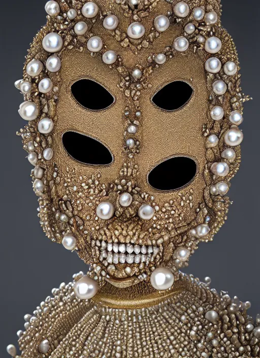 Image similar to hyperrealism, detailed textures, award winning autochrome photo, symetrical japanese pearl, beautiful dreaming voodoo pearl queen, autochrome pearl portrait, pearl silverplate, intricate, detailed facial pearl scary animal mask, pearl, golden jewelery, silverplate, ultra realistic, cinematic, intricate, cinematic light by steve mccurry, unreal engine 8 k