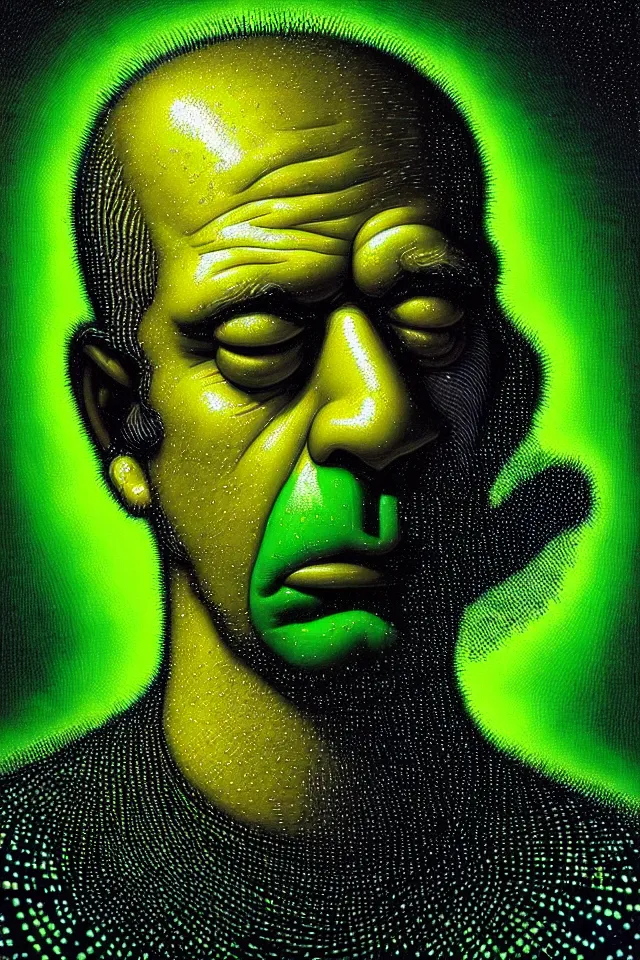 Image similar to bizarre green blacklight detailed renaissance portrait of homer simpson as a highly detailed realistic real life, dramatic cinematic lighting, 8 k, beautiful intricate painting by james r eads and tomasz alen kopera