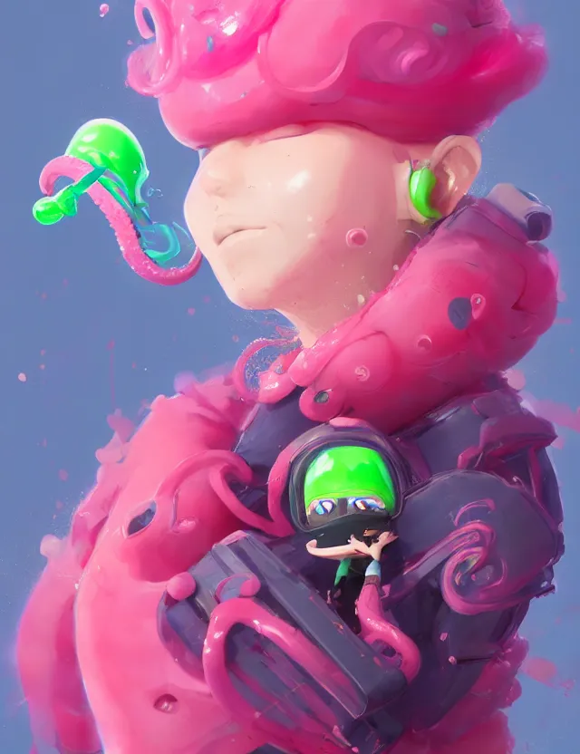 Prompt: a beautiful portrait of a cute splatoon anime male with pink tentacle hair wearing a green hoodie. character design by cory loftis, fenghua zhong, ryohei hase, ismail inceoglu and ruan jia. artstation, volumetric light, detailed, photorealistic, fantasy, rendered in octane