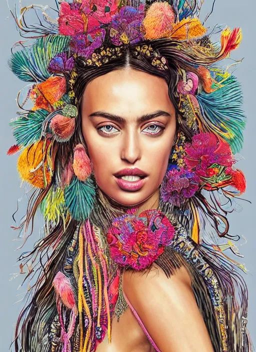 Image similar to beautiful portrait of Irina Shayk wearing dramatic Hand-dyed cotton dress,embellished beaded feather decorative fringe knots ,colorful pigtail,subtropical flowers and plants,symmetrical face,intricate,elegant,highly detailed,8k,digital painting,trending on pinterest,harper's bazaar,concept art, sharp focus, illustration,golden ratio,by artgerm,Tom Bagshaw,Lawrence Alma-Tadema,greg rutkowski