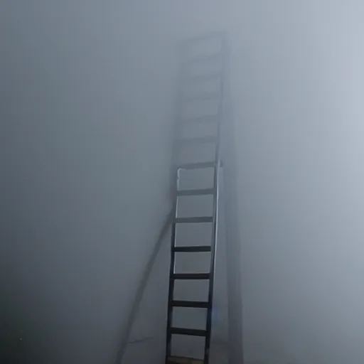 Prompt: a ghostly hand holding a metal step ladder emerges from the mist