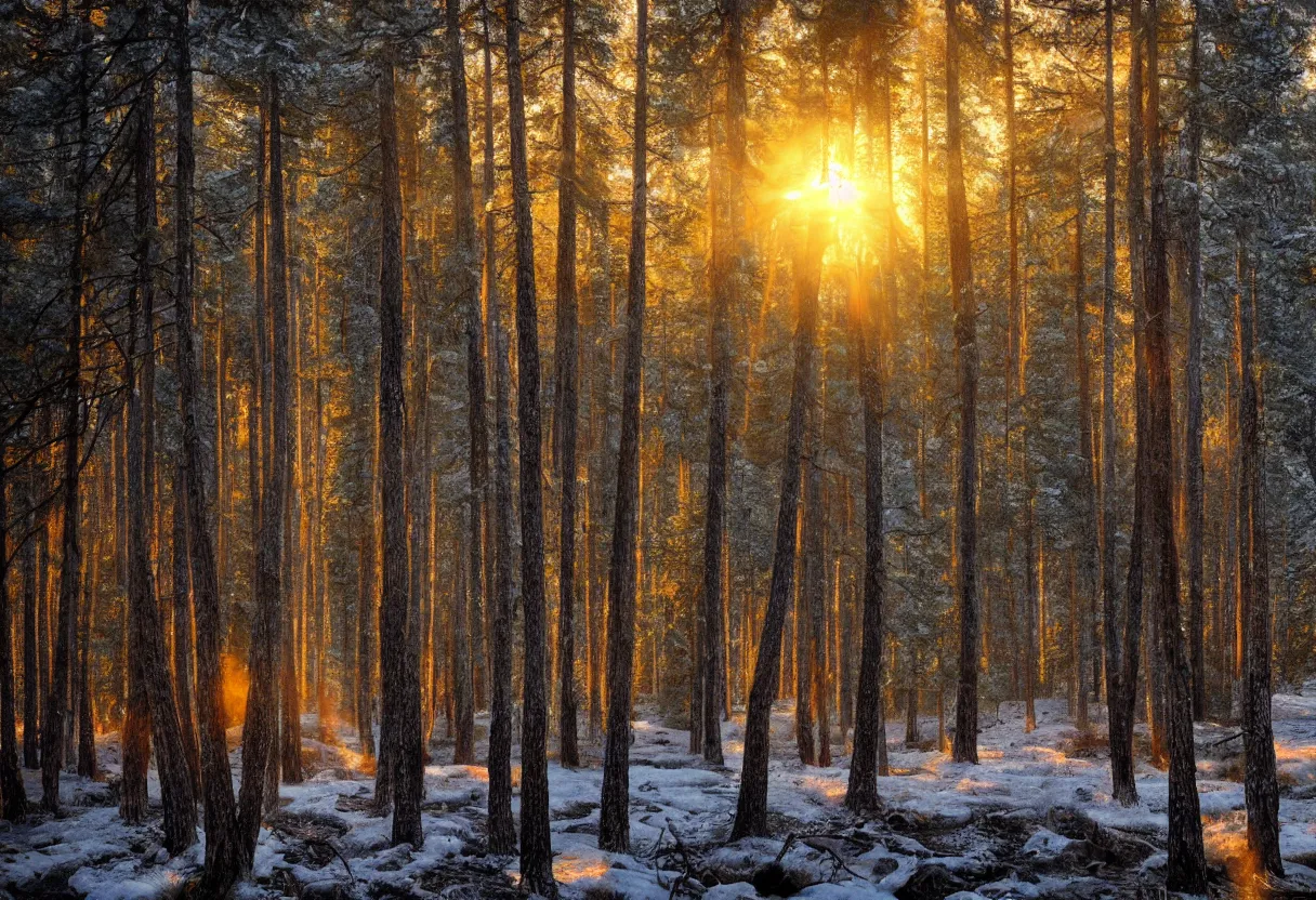 Prompt: pine _ forest _ cold _ river _ mysterious _ sunrise