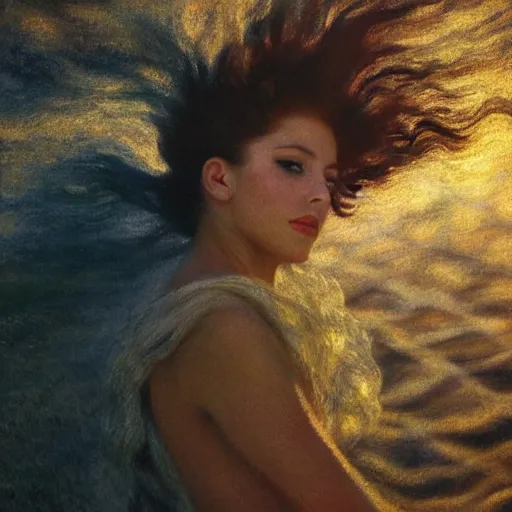 Image similar to filmstill photography of female body sulhouette covered with curly white translucent blanket blowing in wind, acrylic liquid colors, luxurious supermodel photoshooting, golden jewelry, bokeh, godrays, strong wind, wrinkles, sunrays, sunset, lens flares, monet, painting by renoir, cold colors, sand dunes, fresco by michaelangelo, art noveau