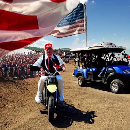 Image similar to donald trump riding a nuke, dirt bikes, golf cart, america flag, prison