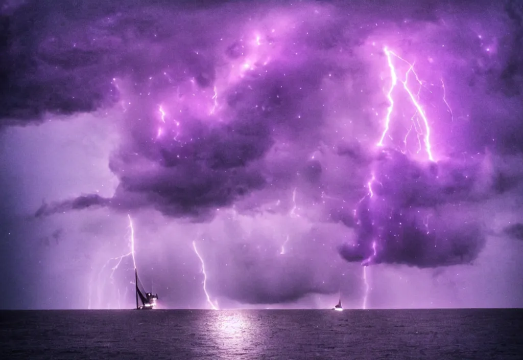 Prompt: purple color lighting storm with stormy sea,pirate ship firing its cannons with a water spout in the background. trippy nebula sky 50mm shot, fear and loathing movie