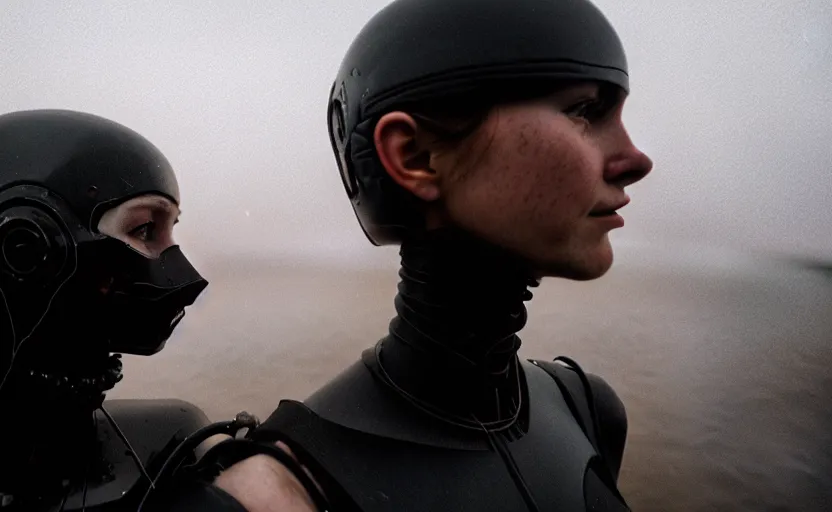 Image similar to cinestill 5 0 d candid photographic portrait by helen levitt of two loving female androids wearing rugged black mesh techwear in treacherous waters, extreme closeup, modern cyberpunk moody emotional cinematic, dust storm, 8 k, hd, high resolution, 3 5 mm, f / 3 2, ultra realistic faces, ex machina