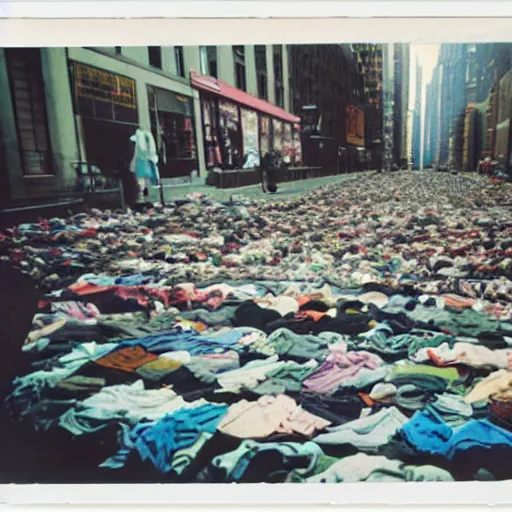 Image similar to wide-shot low-angle photo of empty!!! animated clothes (((heads))) at the street in New York, polaroid photo, by Andy Warhol, signed