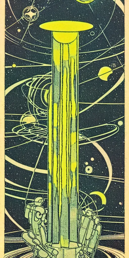 Prompt: 1968 science fiction tarot card, cut out collage, Jugendstil, xerox punk, spring on Saturn, epic theater, deep sea, mountain plants, nouvelle vague, drawings in part by moebius, part by Ernst Haekl, text by William S Boroughs, composition by bauhaus