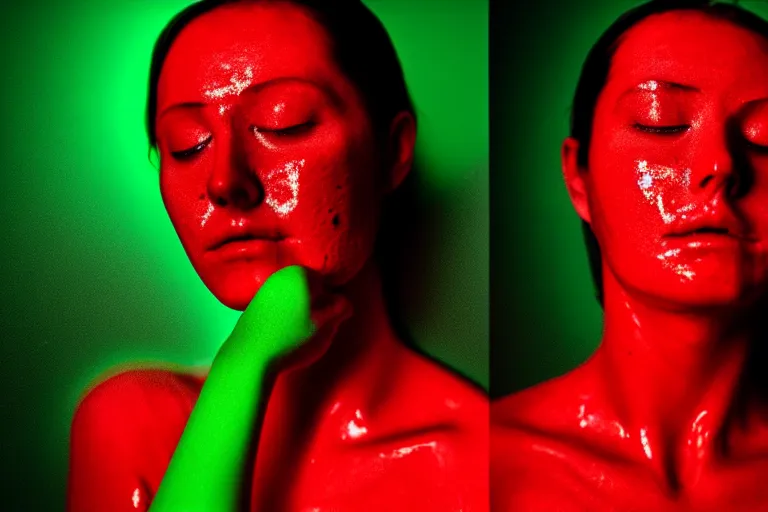 Image similar to hyperrealistic woman with melting body inside a red room roberto bernardi dramatic green lighting on one side wide angle 35mm shallow depth of field 8k