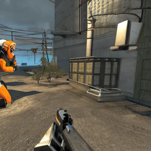 Prompt: Screenshot of Half-Life 3, running on Source 2, a crossover between Portal and Half-Life, next-gen graphics,