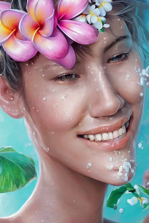 Image similar to ultra realistic illustration, portrait of smiling woman covered in white yogurt, plumeria tropical bouquet background, close up shot, fantasy, intricate, elegant, highly detailed, digital painting, artstation, concept art, smooth, sharp focus, illustration, surrealism