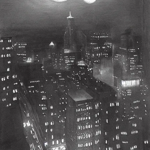 Image similar to photorealistc painting of a nightmarish boston downtown skyline in 1 9 2 5 at night, aerial view, dark, brooding, night, atmospheric, horror, cosmic, ultra - realistic, smooth, highly detailed