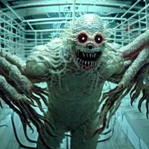 Prompt: a hyper detailed creepy dimly lit film movie like wide shot photograph of the organism from the thing during a grotesque horrifying shape shifting sequence flailing disgusting tendrils with a snarling mouth