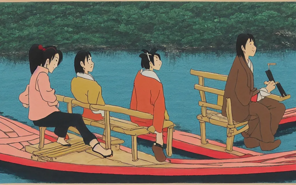 Prompt: a woman sitting on a bench with a man on a boat painting in yamato - e style