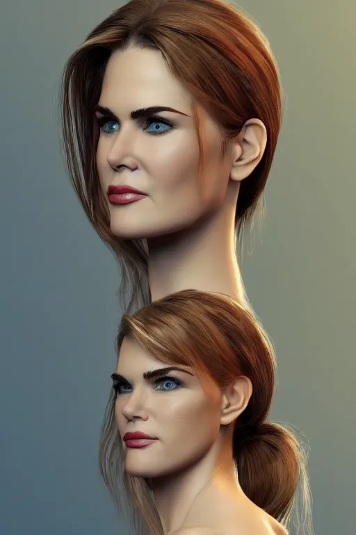 Image similar to mix of beautiful young maria shriver, mariel hemmingway, brooke shields, nicole kidman and elle macpherson as an alien creature, thin lips, hair tied up in a pony tail, dark blonde hair, colorful, artstation, cgsociety