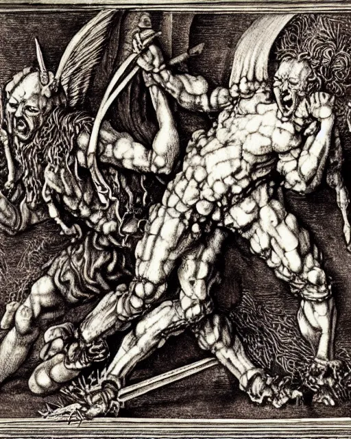 Prompt: devil fights angel, high detail, extremely detailed, very sharp, in the style of albrecht durer,