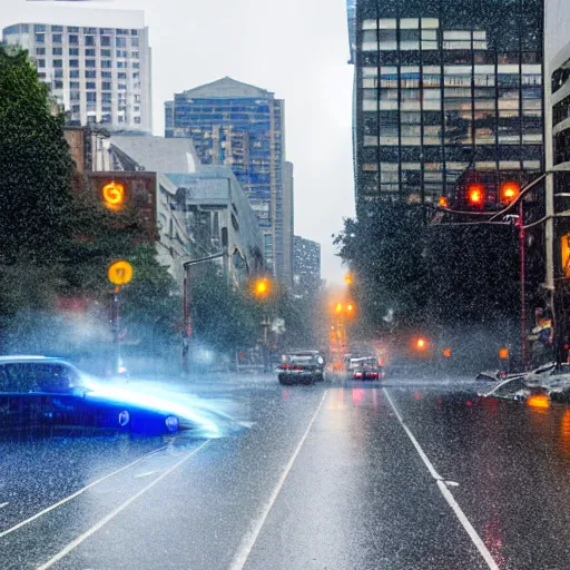 Prompt: seattle street intersection attacked by battle droids with floating ships during heavy rain with blue lightning morning light