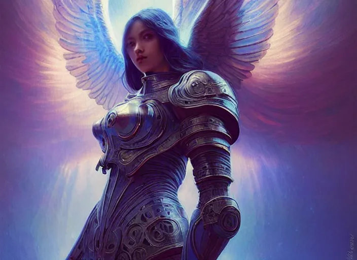 Prompt: angelic woman in armour, passionate pose, intricate, elegant, blue glow, sharp focus, soft bokeh, illustration, highly detailed, concept art, matte, trending on artstation, bright colors, 3 d 8 k, art by wlop and artgerm and greg rutkowski, mucha, ross tran, marvel comics, beksinski