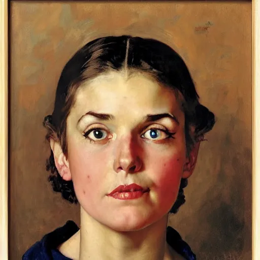 Prompt: Frontal portrait of a woman with bright solid colored eyes, no pupils. Painting by Norman Rockwell.