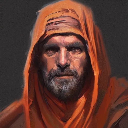 Prompt: portrait of a man by greg rutkowski, jedi master, arabian features, messy long black hair, wearing orange jedi robes, star wars expanded universe, he is about 6 0 years old, highly detailed portrait, digital painting, artstation, concept art, smooth, sharp foccus ilustration, artstation hq