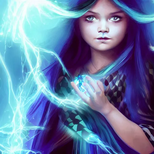 Image similar to mysterious girl child with her long black hair dressed in a chequered robe, chequered cape, carrying blue very big magical crystal, storm inside a fantasy crystal, epic scene, atmospheric, surrounded by magical light, digital art, hd, 4 k, hyper detailed