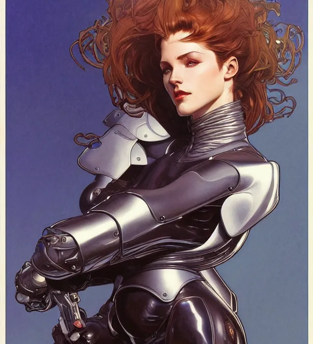 Prompt: realistic detailed portrait of a handsome futuristic woman pilot in leather and armor, sleek minimal elegant design by moebius, jodorowsky, alphonse mucha, ayami kojima, amano, greg hildebrandt, and mark brooks, female, hero, sexy masculine, art nouveau, cyberpunk, neo - gothic, gothic, masterpiece artwork, character concept design,