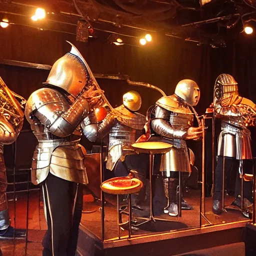 Prompt: medieval armoured knight jazz band on stage at the blue note