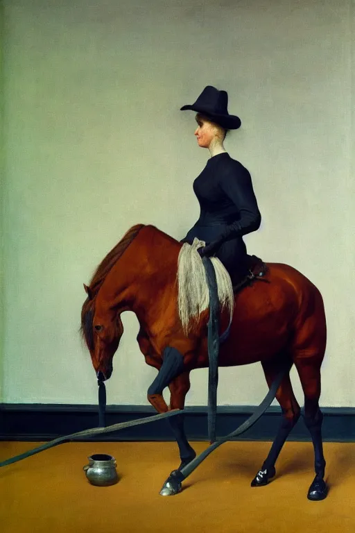 Prompt: a woman mounting a horse that looks like a man, hauntingly surreal, highly detailed painting by francis bacon, edward hopper, adrian ghenie, gerhard richter, and james jean soft light 4 k,