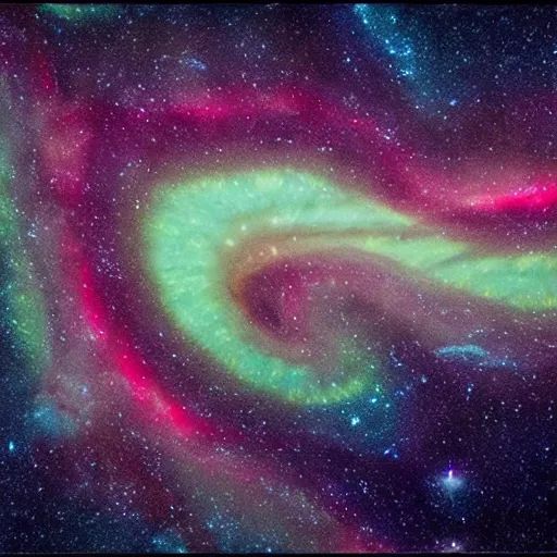 Prompt: a photo split into three horizontal layers. the top layer is the auora borealis. the middle layer is a mix between a giant squid, killer whale, and crab which swims under water amongst a school of colorful fish. the bottom layer is galaxies of outer space. 4 k, realistic