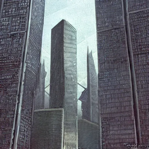 Prompt: “The plaza around the base of the megabuilding was being patrolled by Robocop ED-209. The tower was made of solid black metal and stone. Anime background artwork in the style of Akira. 2077 photo mode by Marc Simonetti, artwork by Ted Nasmith, Ted Nasmith and Marc Simonetti, 8K, D&D concept art, 2077 wallpaper”