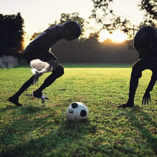 Prompt: two skeletons playing football in a graveyard at dawn
