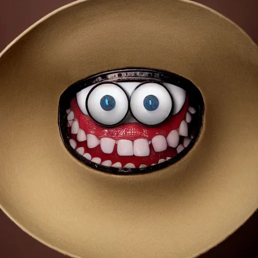 Image similar to living hat with eyes and teeth at brim of base, funny professional photo