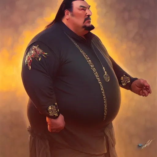 Image similar to Obese Steven Seagal, fantasy, intricate, elegant, highly detailed, digital painting, artstation, concept art, matte, sharp focus, illustration, art by Artgerm and Greg Rutkowski and Alphonse Mucha, and Simon Hennessey