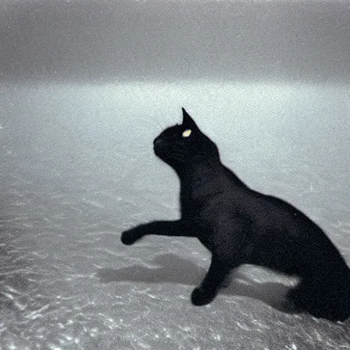 Image similar to vhs footage of a black cat swimming around underwater