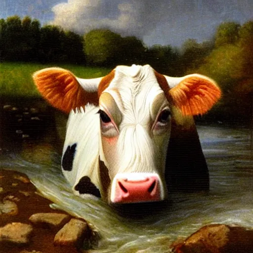 Prompt: cow in a river, closeup, henri fanton latour - n 9