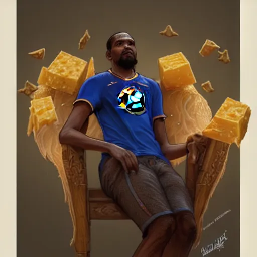 Prompt: portrait of kevin durant with legs made from cheese, ethereal, handsome, d & d, fantasy, intricate, elegant, highly detailed, digital painting, artstation, concept art, matte, sharp focus, illustration, art by artgerm and greg rutkowski and alphonse mucha