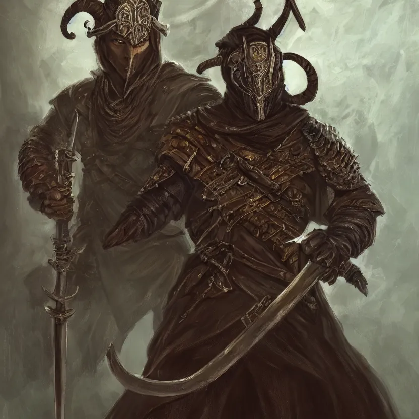 Prompt: an oil drawing of a gipsy tiefling with great sword in his hand in style of dark souls, a character portrait by muggur, disco elysium character, featured on deviantart, fantasy art, concept art, official art, hd mod