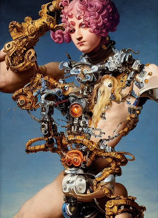Image similar to full-body rococo and cyberpunk style sculpture of a young seductive Latino prince half android with a chest exposing circuitry, glowing pink seductive laser eyes, crown of blue sparks and diamonds, swirling orange-colored silk fabric, robotic raptors. baroque elements. full-length view. intricate artwork by caravaggio. art by Artgerm and Greg Rutkowski and Alphonse Mucha, Trending on artstation, cinematic industrial lighting, hyper realism, octane render, 8k, depth of field, 3D